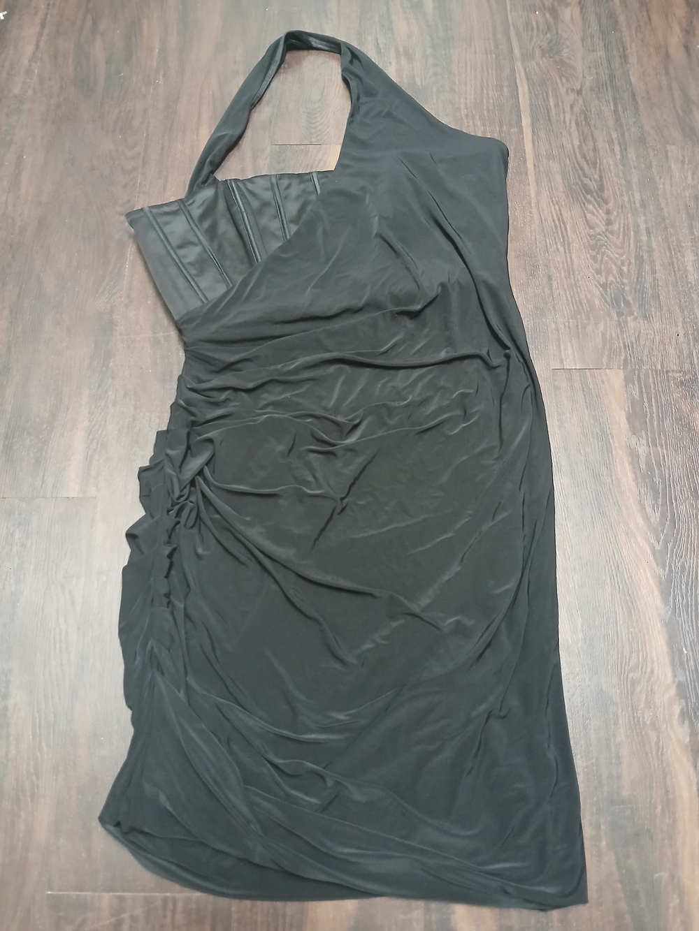 bebe Black One-Shoulder Ruched Halter Dress
